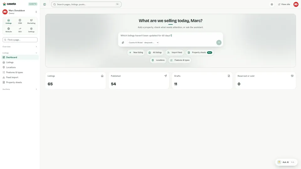 Caseta dashboard showing listings, blog posts and pages
